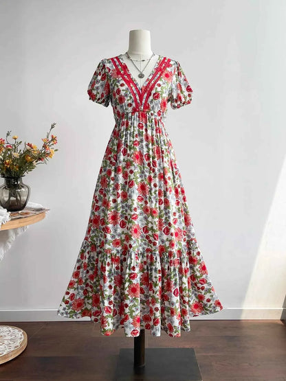 Floral Print V-Neck Ruffle Hem Midi Dress