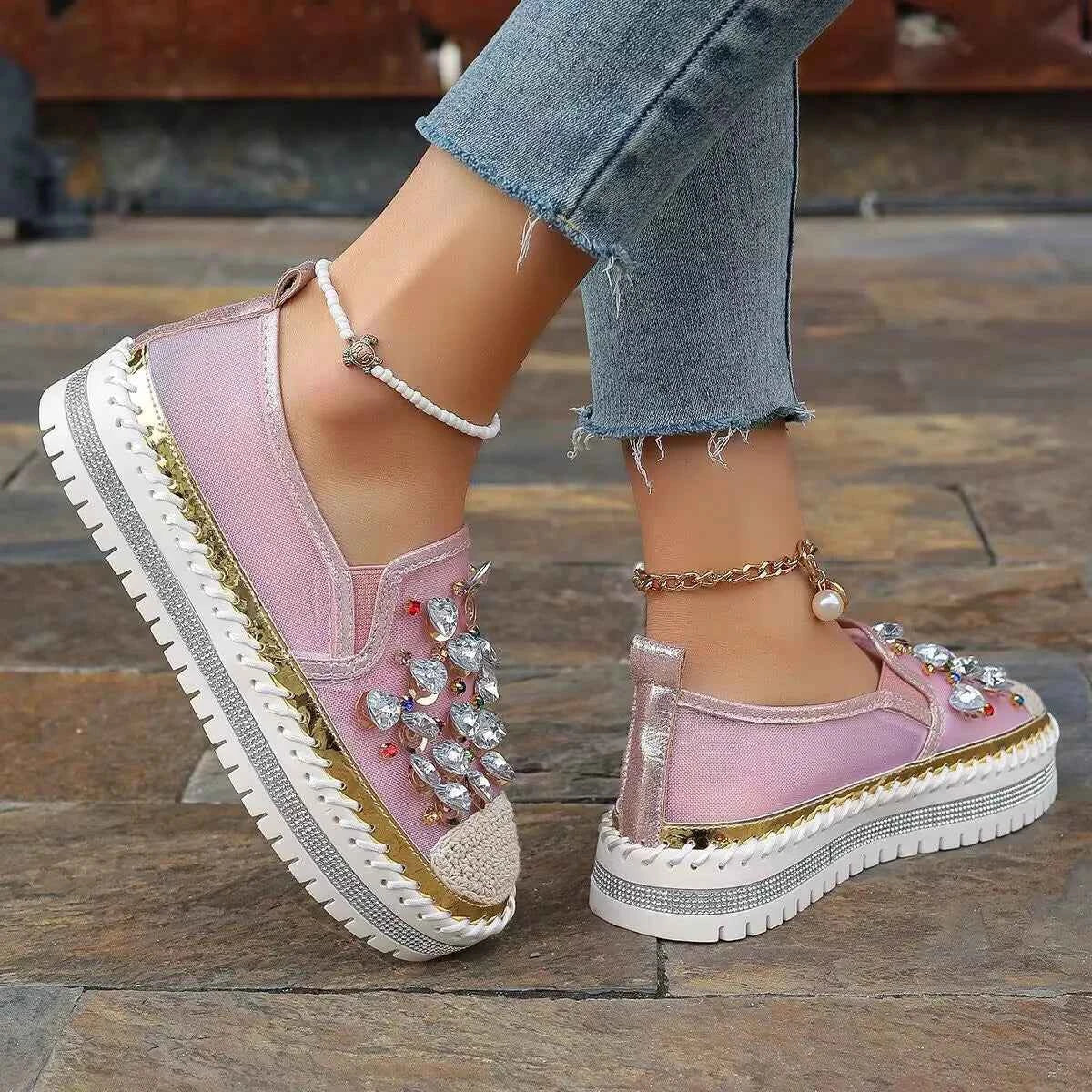 Rhinestone Decor Platform Loafers