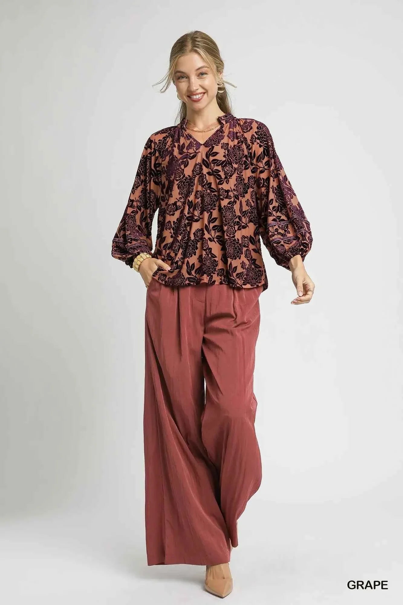 Umgee Floral Velvet Blouse with Balloon Sleeves