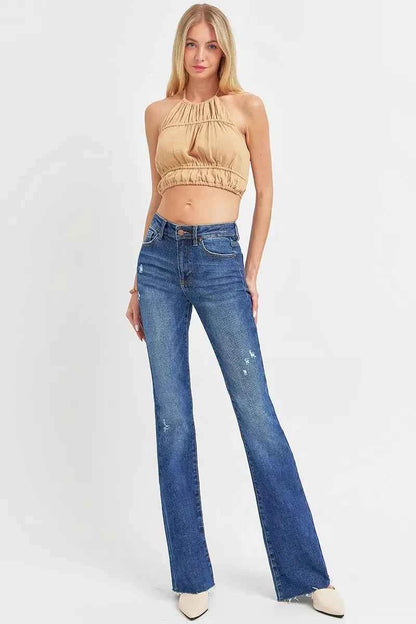 RISEN Full Size Distressed Mid Rise Flare Jeans Plus Size