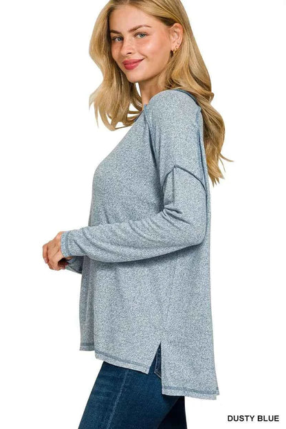 Zenana Full Size Melange Hacci Exposed Seam Hi-low Tee Plus Size