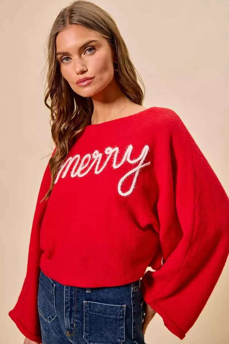 SO ME Merry Tinsel Lettering Christmas Sweater Top