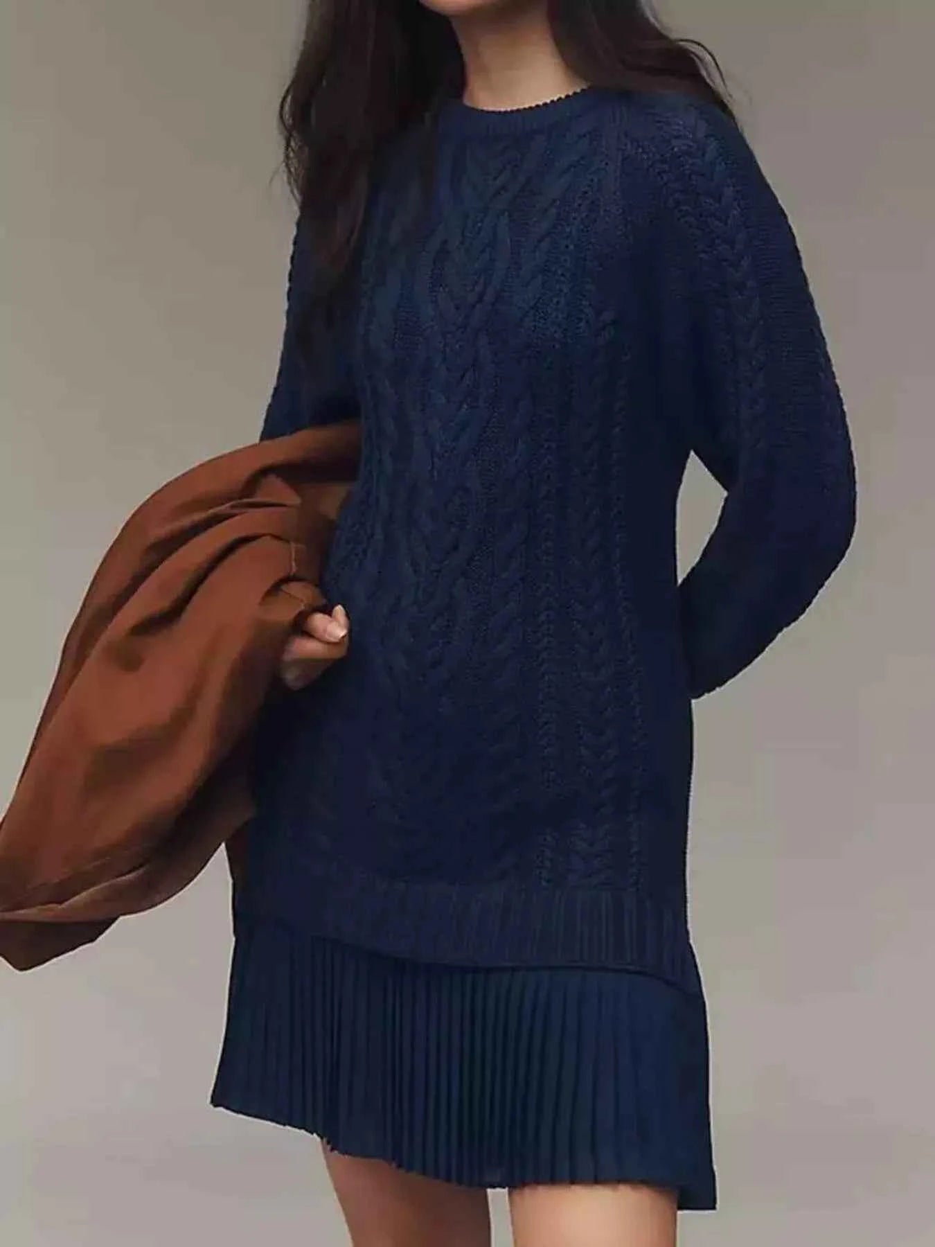 Full Size Cable Knit Pleated Hem Sweater Dress Plus Size