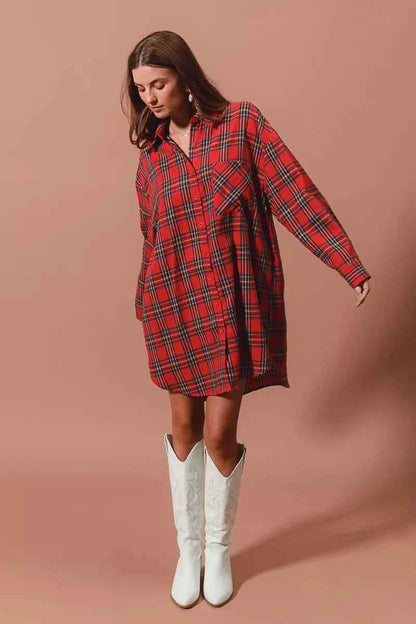 SO ME Christmas Checker Plaid Button Up Shirt Dress