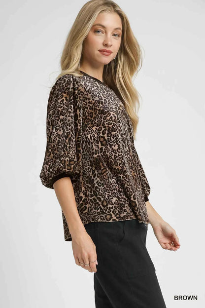 Umgee Leopard Round Neck Three-Quarter Sleeve Blouse