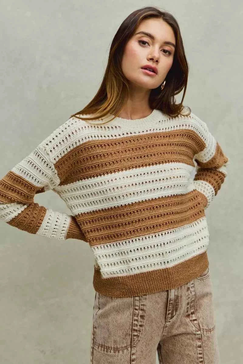 SO ME Openwork Round Neck Wide Stripe Textured Sweater