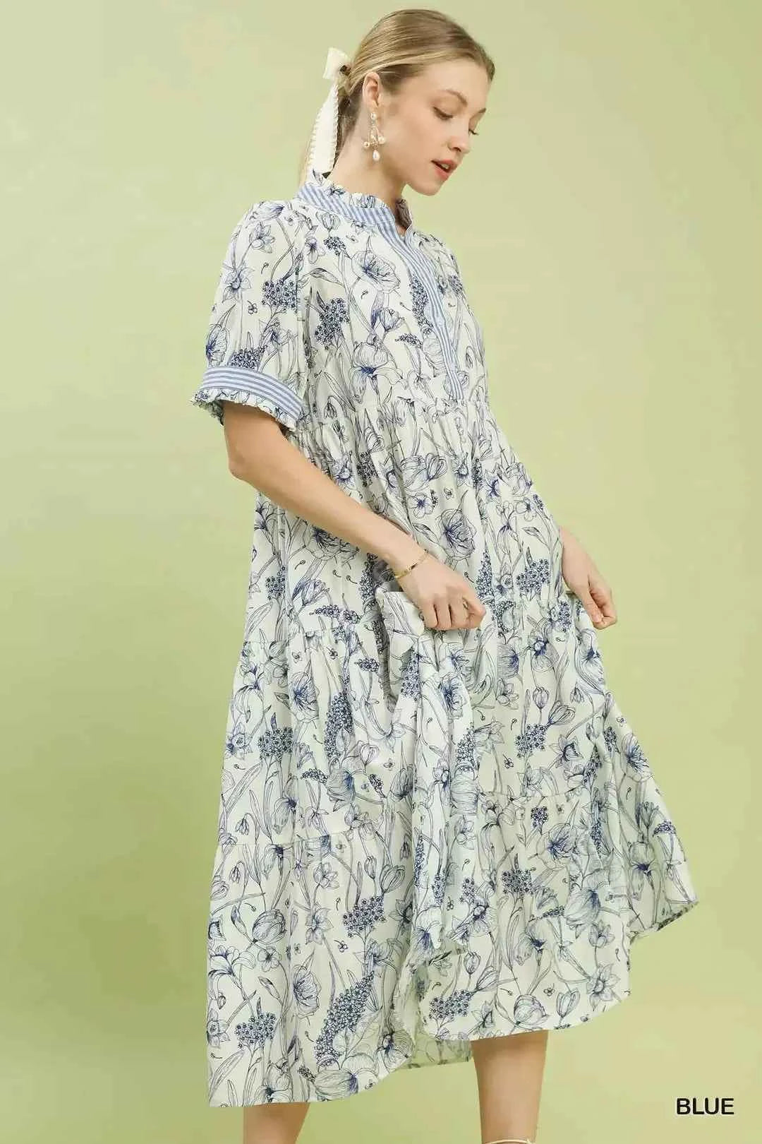 Umgee Floral Tiered Midi Dress with Ruffle Trim