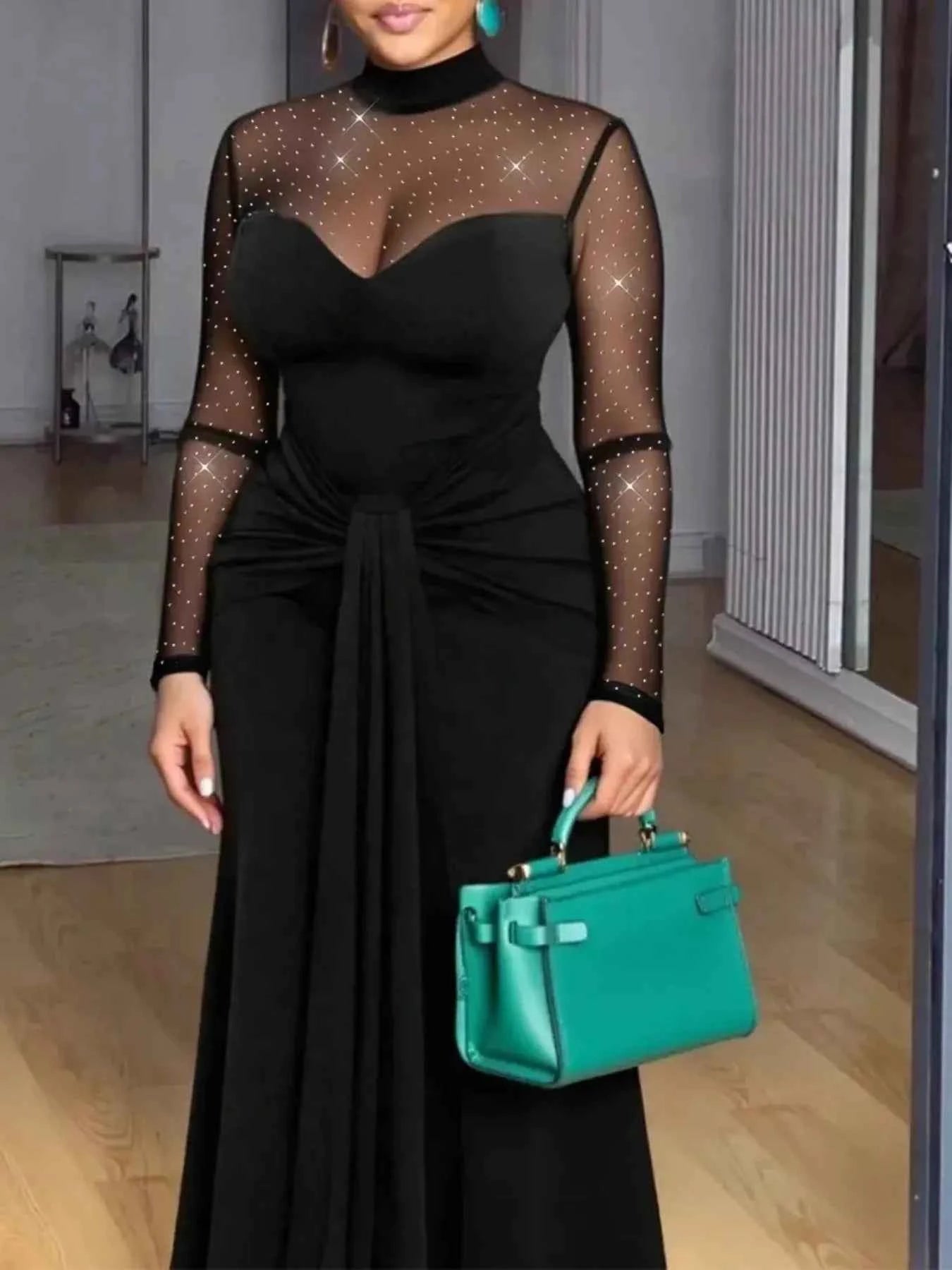 Mesh Mock Neck Long Sleeve Maxi Dress