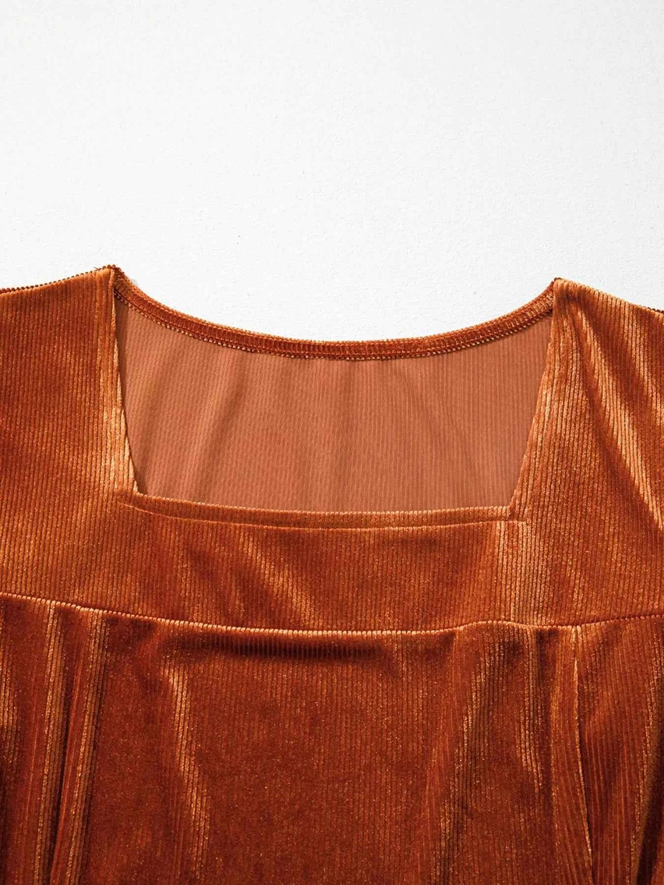 Velvet Ribbed Texture Square Neck Slim Puff Sleeve Top