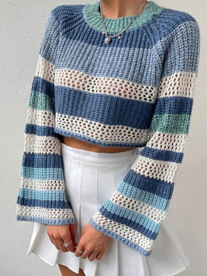 Openwork Striped Color Block Crop Sweater