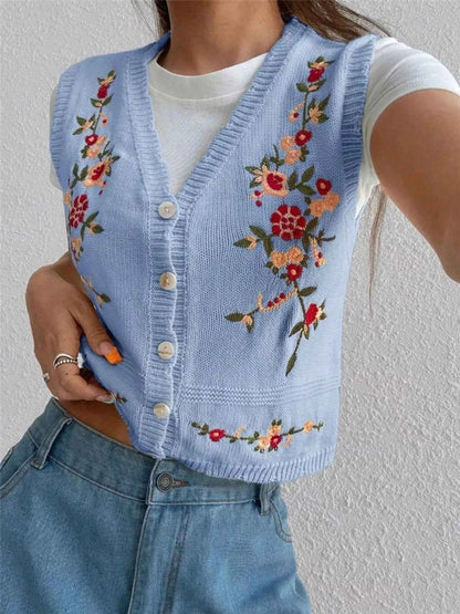 Embroidered Button Up Sweater Vest