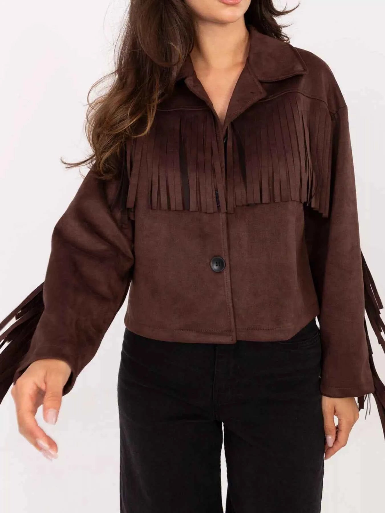 Fringe Button Up Suede Jacket