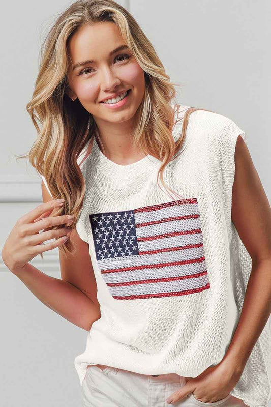 American Flag Sequins Patch Knit Top