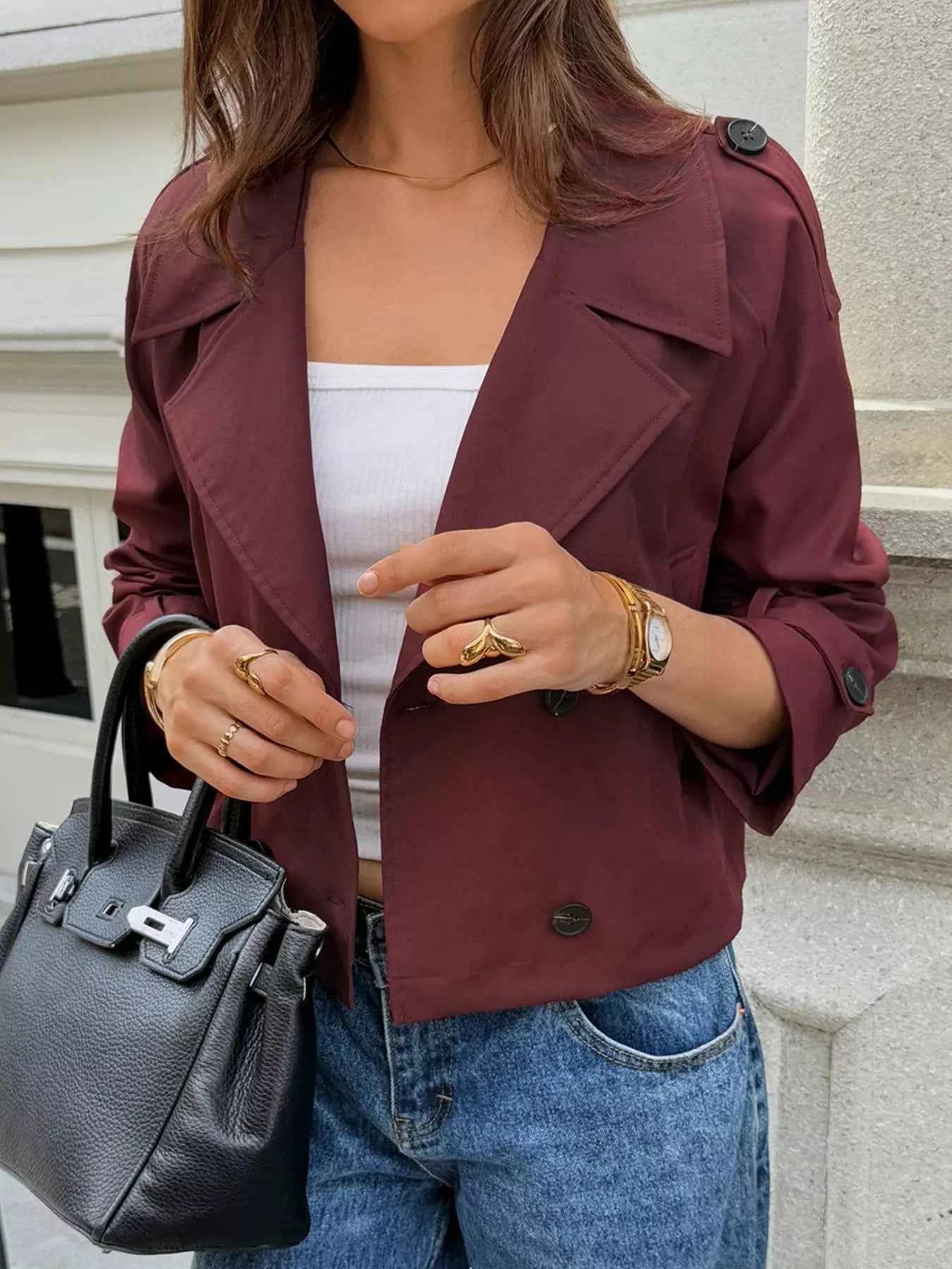 Cropped Double-Breasted Raglan Sleeve Jacket