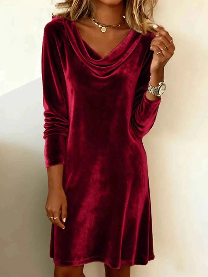 Velvet Cowl Neck Long Sleeve Mini Dress
