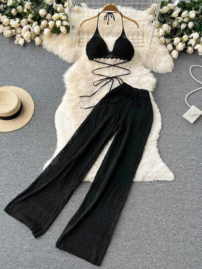 Crochet Knit Halter Neck Top and Wide Leg Pants Set