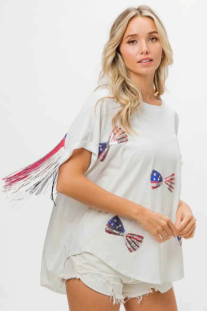 BiBi American Flag Sequin Ribbon T-Shirt