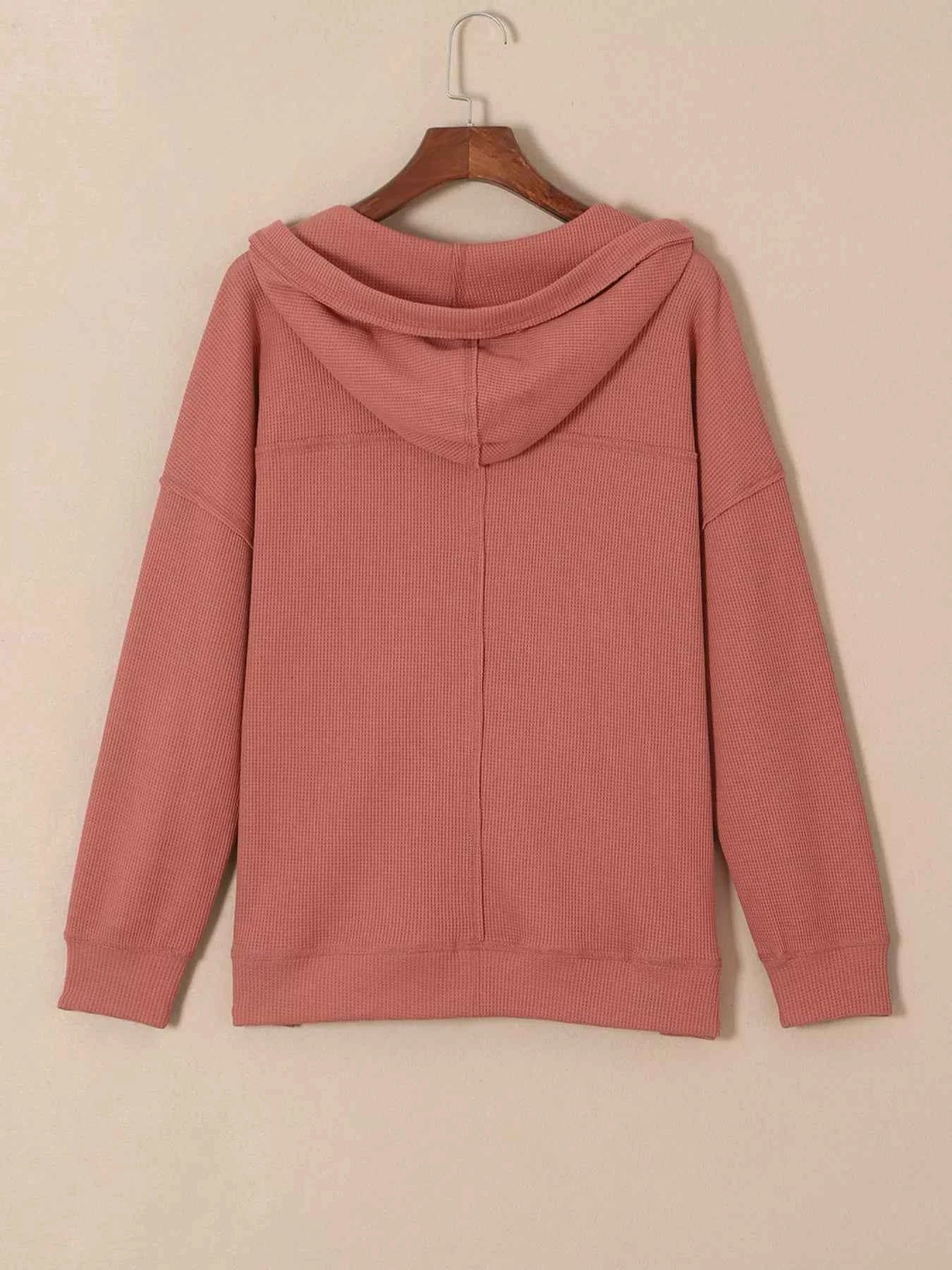 Drawstring V-Neck Waffle Knit Casual Hoodie