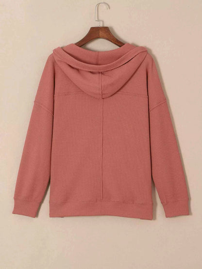 Drawstring V-Neck Waffle Knit Casual Hoodie