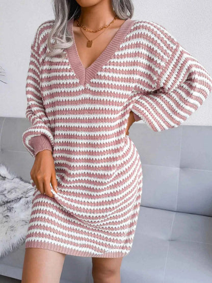 Striped V-Neck Long Sleeve Sweater Dress