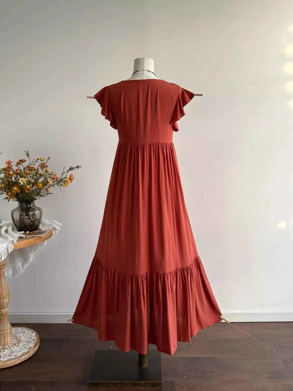 Ruffle Sleeve Maxi Dress with Button Detail