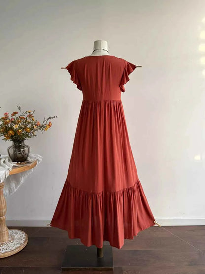 Ruffle Sleeve Maxi Dress with Button Detail