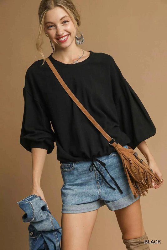 Umgee Full Size Linen Long Sleeve Top with Drawstring Plus Size