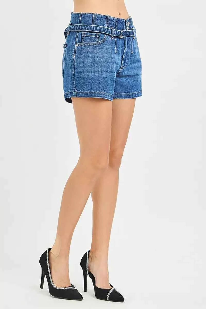 RISEN Double Button Slouchy Denim Shorts with Belt