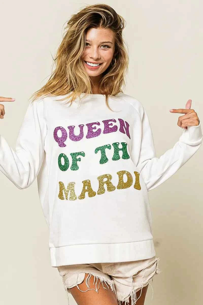 BiBi Queen Of Mardi Glitter Print Mardi Gras Sweatshirt
