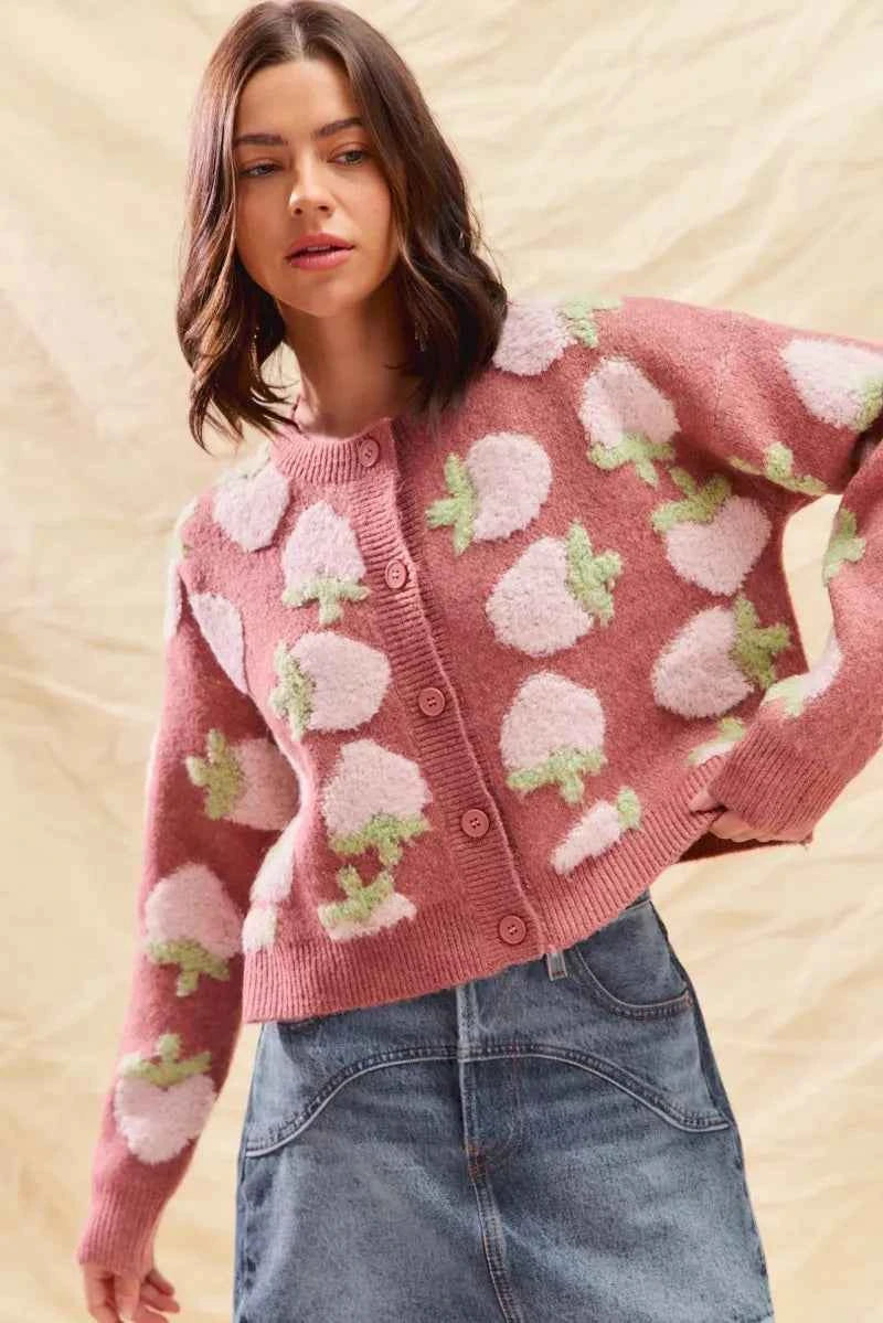 SO ME Strawberry Fruit All Over Button Sweater Cardigan