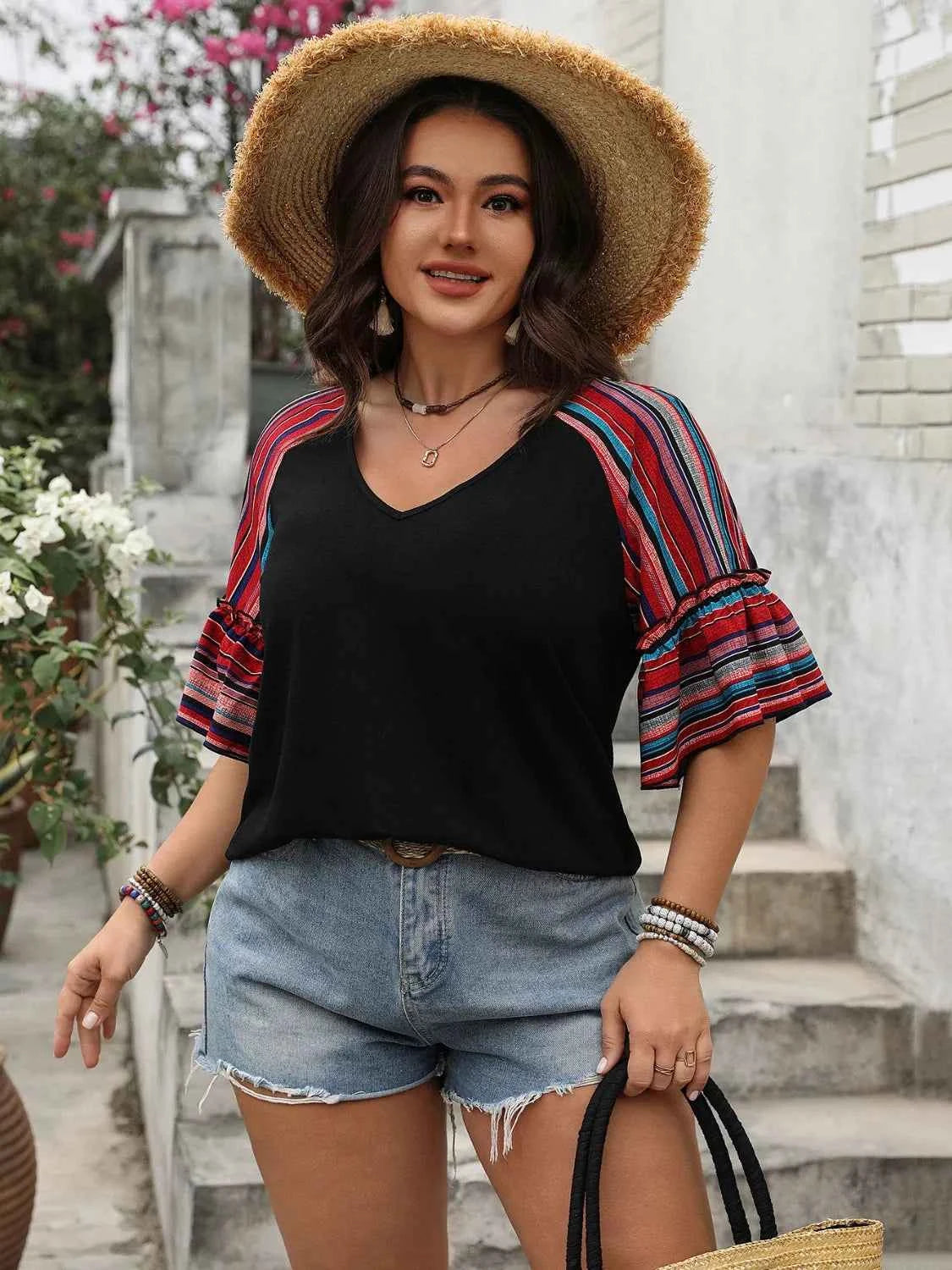 Plus Size V-Neck Flounce Sleeve Top