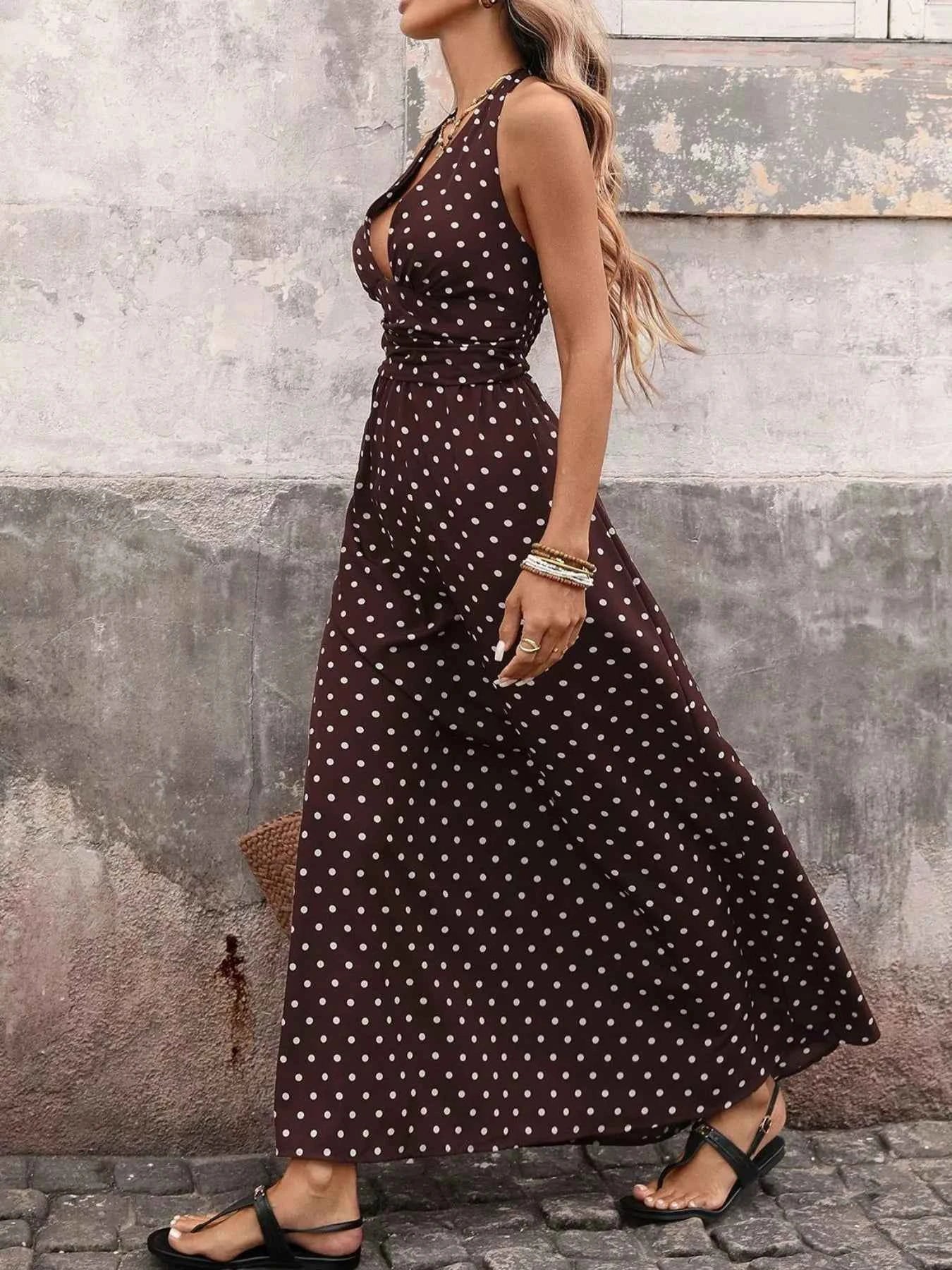 Halter Neck Polka Dot Maxi Dress