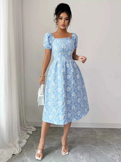 Floral Square Neck Puff Sleeve Midi Dress