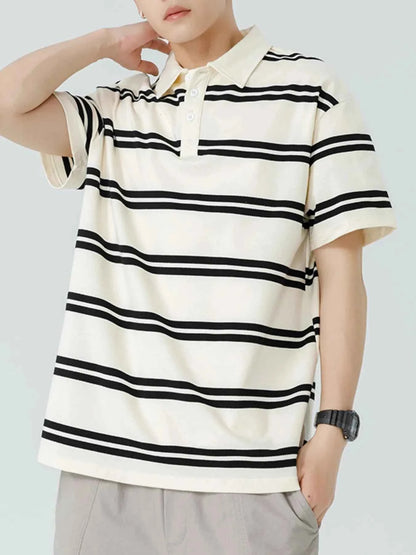 Men's Plus Size Striped Button Detail Short Sleeve Polo