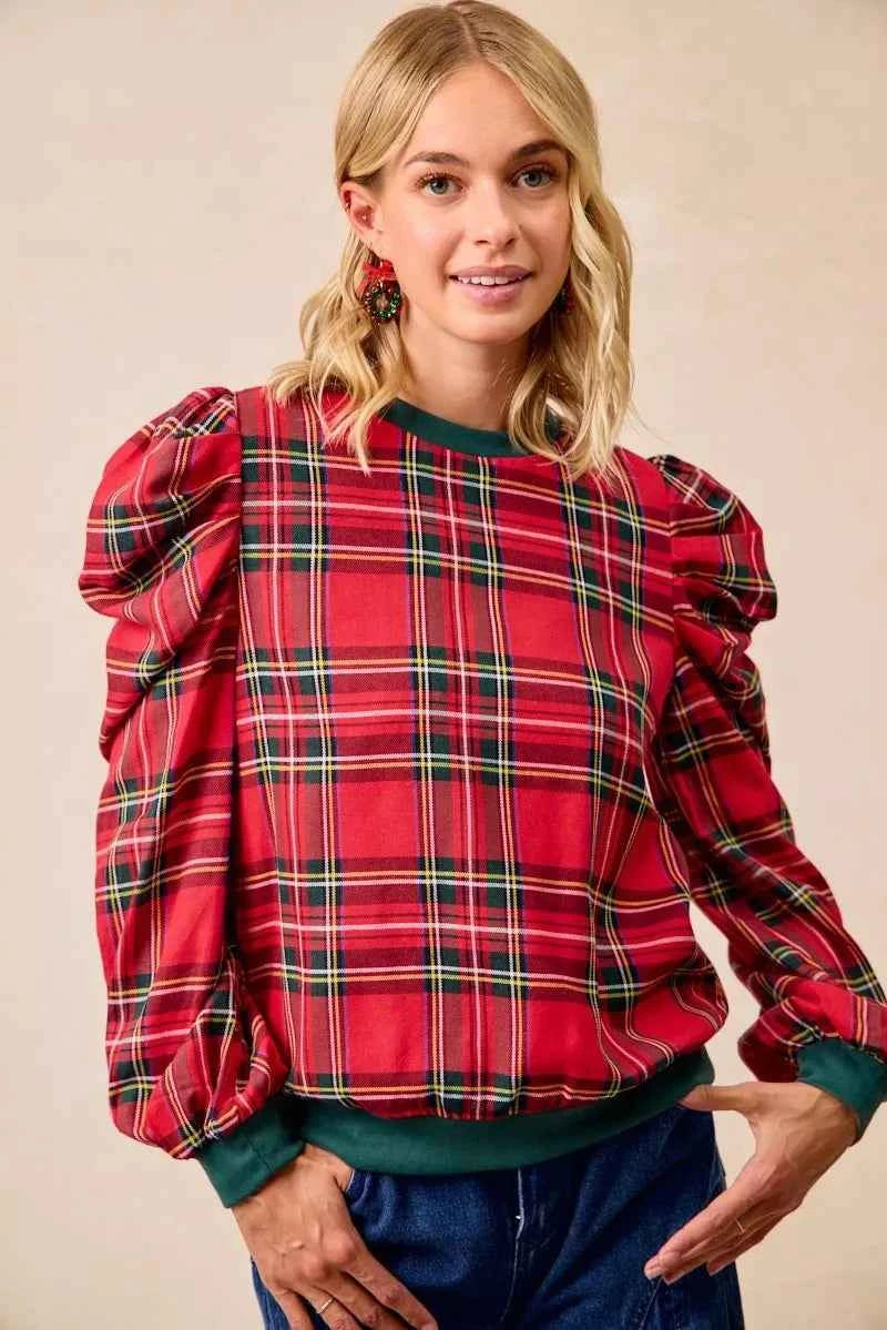 BiBi Christmas Plaid Exaggerated Shoulder Sleeves Top