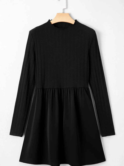 Frilled Neck Ribbed Knit Patchwork Long Sleeve Mini Dress