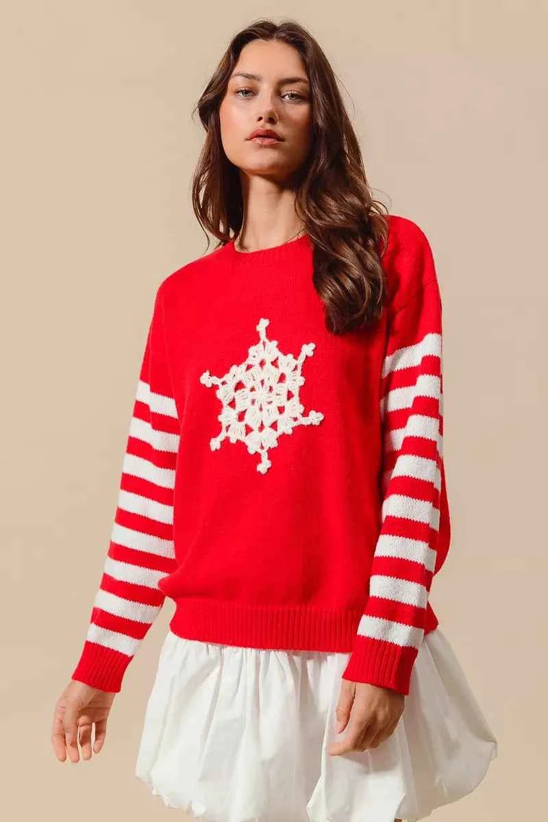 SO ME Christmas Snowflake Crochet Embellished Sweater