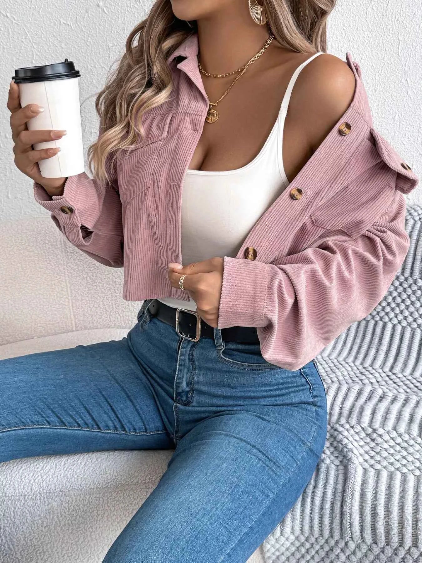 Corduroy Button-Up Dropped Shoulder Jacket