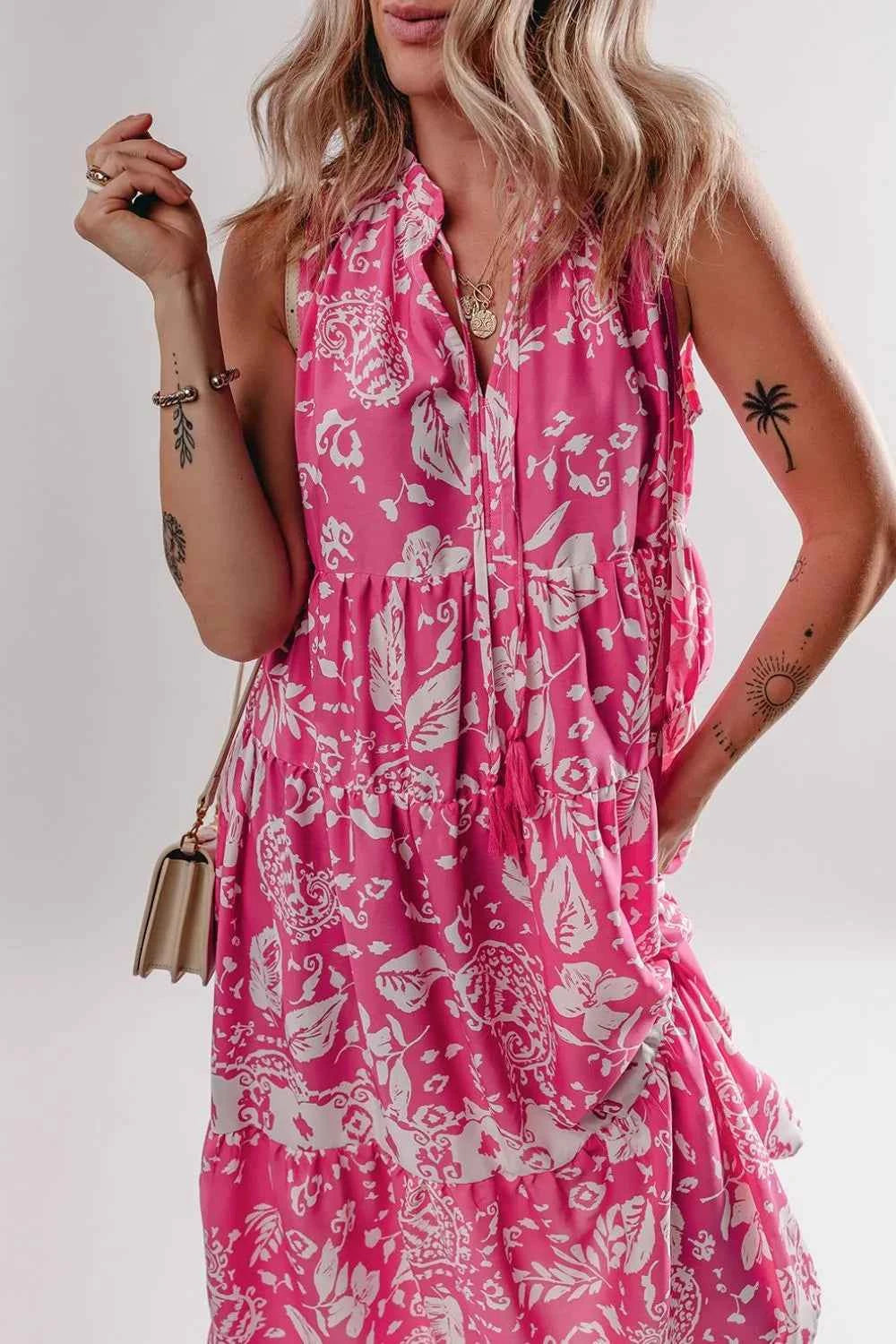 Floral Sleeveless Tasseled Tie Neck Tiered Midi Dress