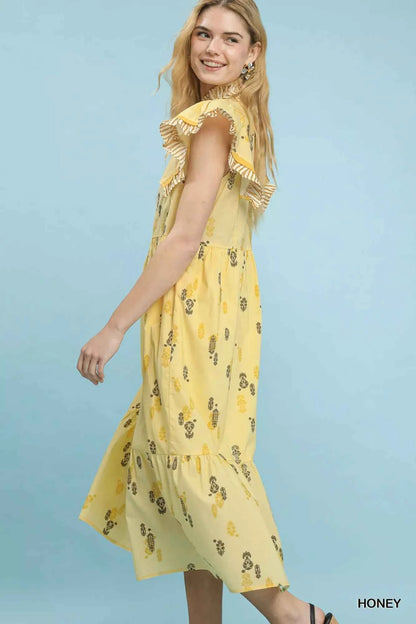 Umgee Floral Ruffle Sleeve Tiered Midi Dress