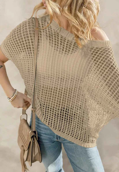 Openwork Round Neck Half Sleeve Knit Cover Up