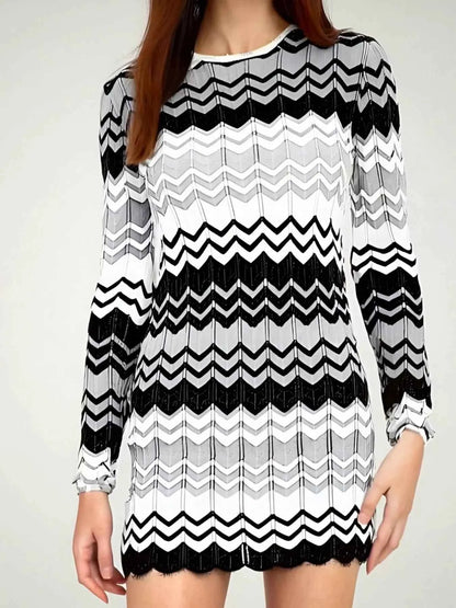 Openwork Wave Pattern Long Sleeve Sweater Dress