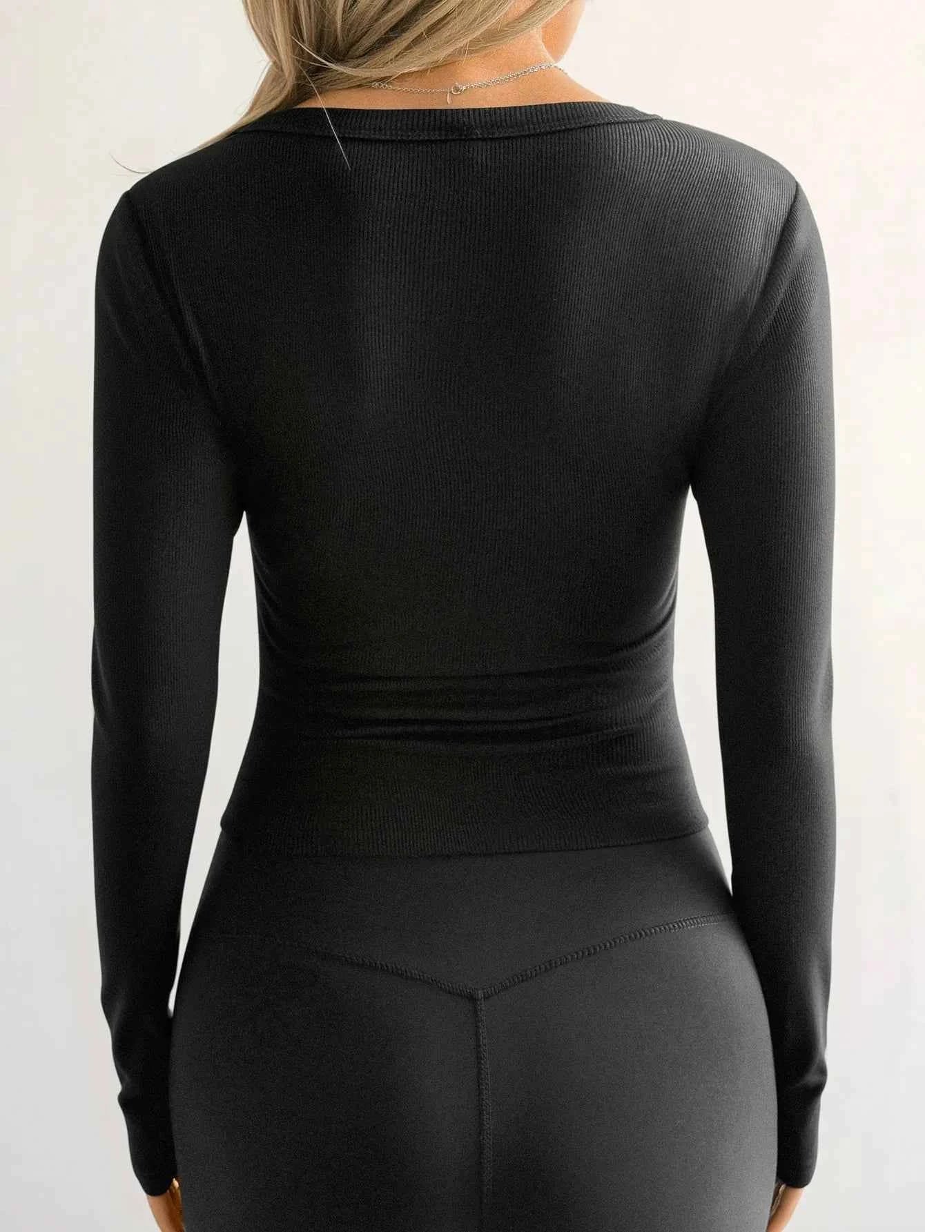 Ribbed V-Neck Long Sleeve T-Shirt