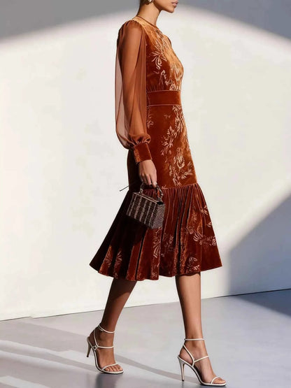 Velvet Floral Lantern Sleeve Midi Dress