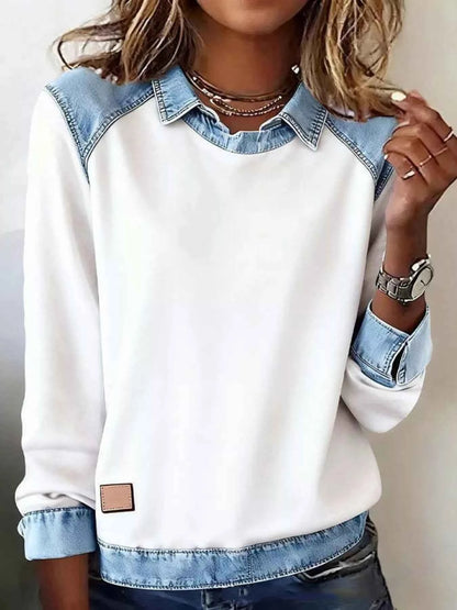 Full Size Denim Trim Long Sleeve Top Plus Size