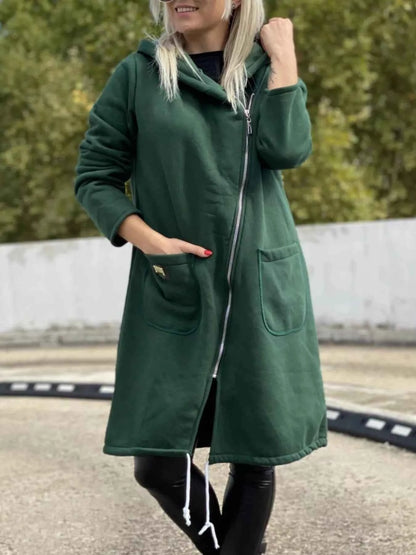 Full Size Asymmetrical Zip-Up Hooded Fleece Outerwear Plus Size