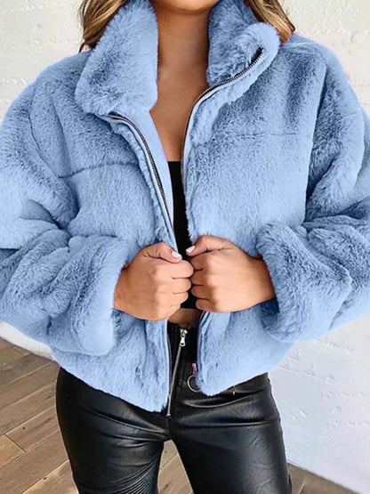 Full Size Faux Fur Cropped Zip-Up Jacket Plus Size