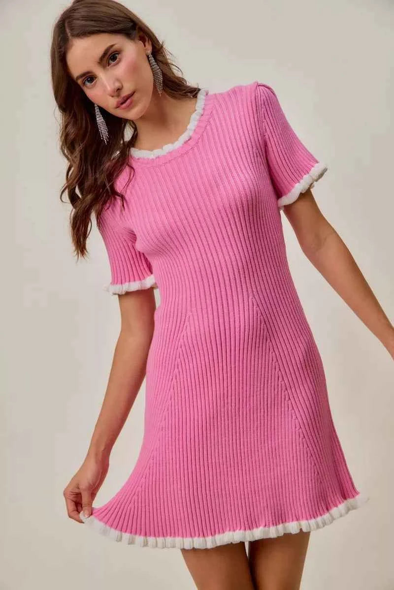 SO ME Contrast Ruffled Sweater Knit Mini Dress