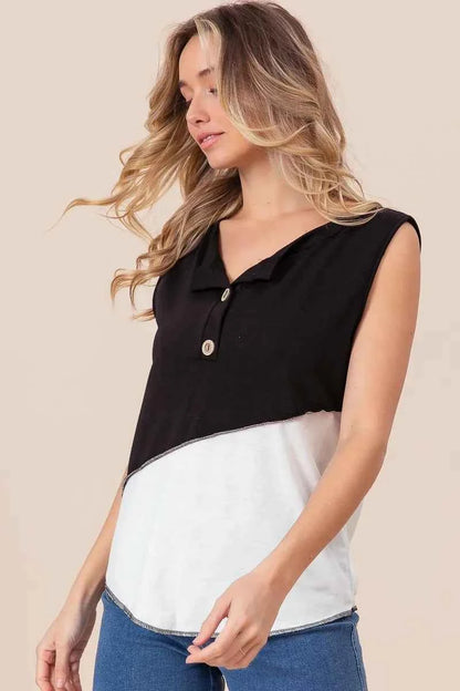 BiBi Color Block Contrast Stitching Buttoned Henley Top