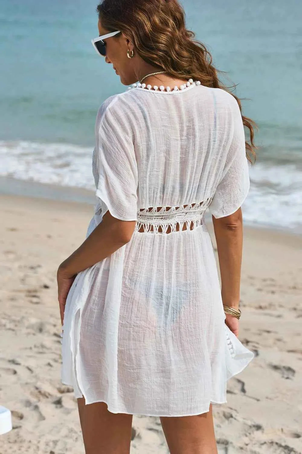 Pom Pom Trim Drawstring Waist Cover-Up